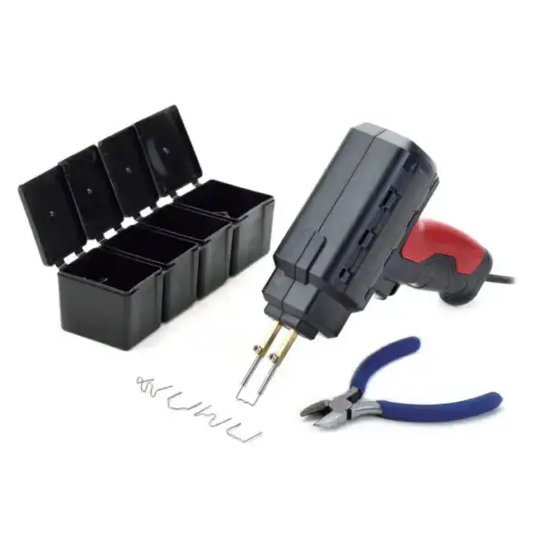 Welding gun with accessories including a storage case, wires, and pliers, designed for plastic welding applications. Ideal for repairs, fabrication, and industrial plastic welding projects.