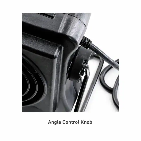 Close-up of an angle control knob on a solder fume extraction system, showing detailed black plastic component and connected cables.