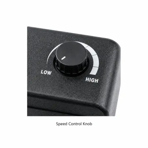 Close-up of a black speed control knob with low to high settings, used in solder fume extraction systems for adjusting airflow.