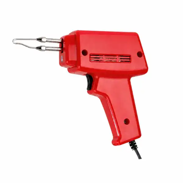 Red electric soldering gun with metal tips, used for precise soldering tasks in electronics repair and assembly.