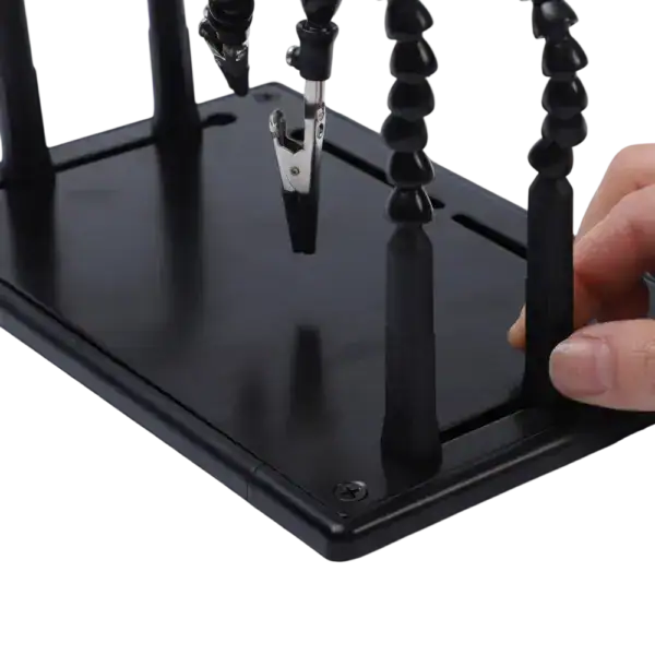 Precision soldering helping hands with adjustable arms and alligator clips, ideal for electronics repair and detailed soldering tasks.