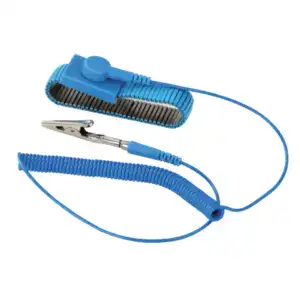 ESD wrist strap with adjustable blue band and metal snap connector for grounding electronic components.