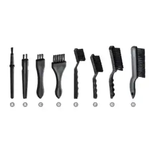 ESD safe cleaning brushes designed for delicate electronic components, featuring anti-static properties and various brush types for thorough cleaning of circuit boards, connectors, and sensitive devic.