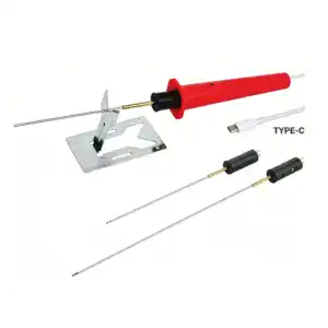 High-quality soldering iron kit with adjustable temperature control, including a red handle soldering iron, replacement tips, and USB Type-C power cable for efficient electronic repairs.