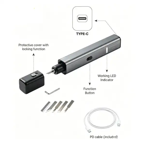 Compact electric screwdriver with LED indicator, Type-C port, protective cover, and included accessories for precise DIY and professional use.