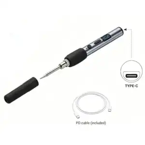 Soldering iron with digital temperature control, Type-C charging port, and included PD cable, ideal for electronics repair and precision soldering tasks.