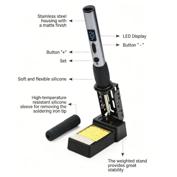 Digital soldering iron with LED display, stainless steel housing, and weighted stand for stability, featuring adjustable temperature and ergonomic design.