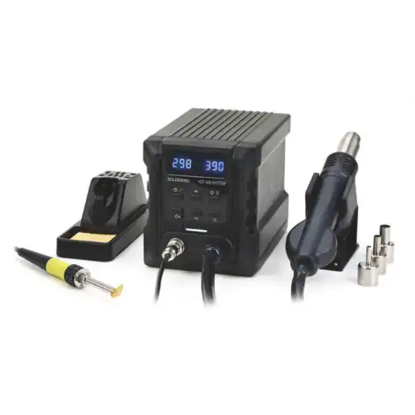 High-precision soldering station with digital temperature control, compatible with various soldering tips and accessories, ideal for electronics repair and manufacturing.