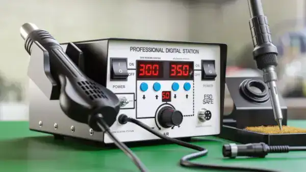 Professional digital soldering station with adjustable temperature controls, digital display, and ergonomic soldering iron for precise electronic assembly and repair.