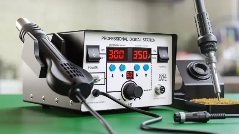 Professional digital soldering station with adjustable temperature controls, digital display, and ergonomic soldering iron for precise electronic assembly and repair.