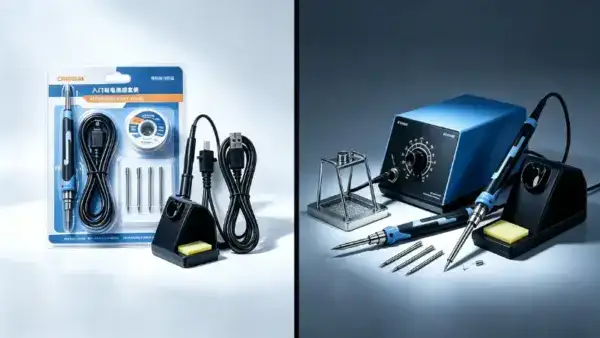 Comparison of a soldering iron kit in packaging and a standalone soldering station with accessories on a workbench.