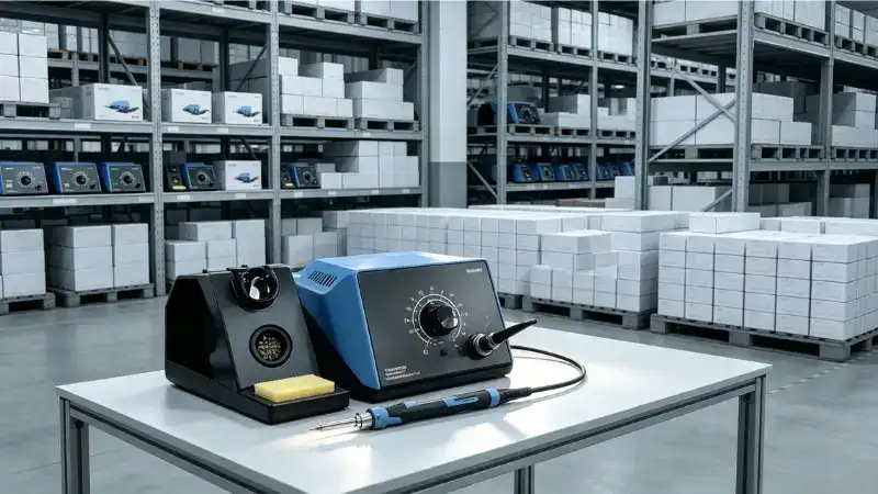 Industrial soldering station with tools on a table in a large warehouse with shelves of boxes in the background.