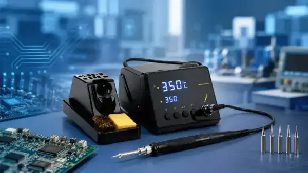 Advanced soldering station with digital temperature control, soldering iron, and accessories for electronic assembly and repair.