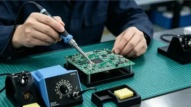 Technician testing a circuit board with a soldering iron and testing equipment in a workshop setting.