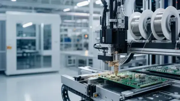 High-tech robotic soldering machine assembling electronic circuit boards in a modern manufacturing facility.