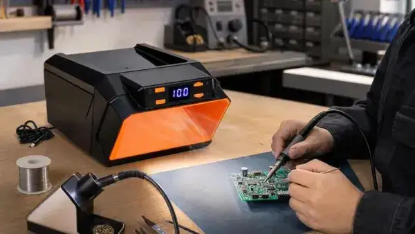 Close-up of a professional soldering fume extractor in use at a workshop, capturing fumes from a circuit board during soldering.