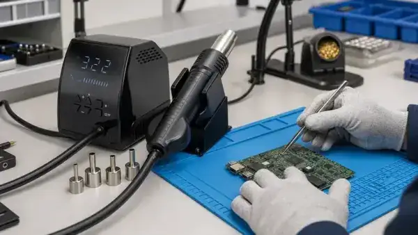 Technician using a soldering station for PCB repair with precision tools and equipment in a professional electronics workshop.