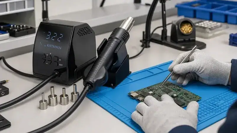Technician using a soldering station for PCB repair with precision tools and equipment in a professional electronics workshop.