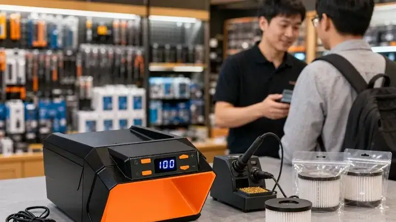 Compact fume extractor device used for soldering fumes in electronics workshop, with digital display and portable design.