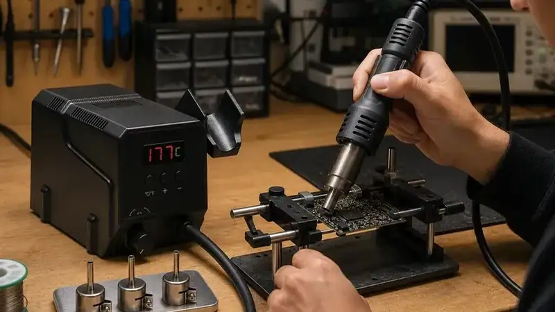 Technician using a hot air rework station to repair a PCB with precision and safety in a professional workshop environment.