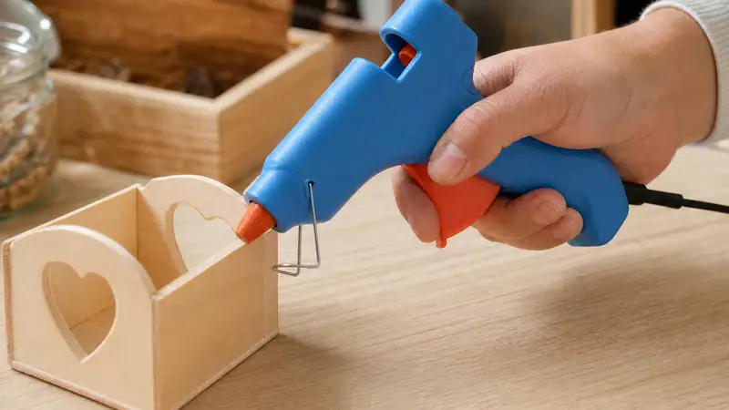 Person using a blue hot glue gun to attach a small wire to a wooden box with heart-shaped cutouts, on a wooden table.