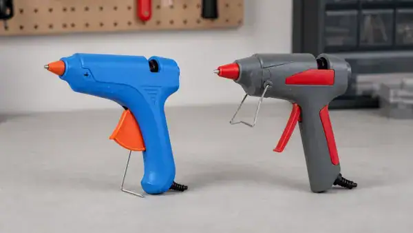 Two hot glue guns, one blue and one gray, placed on a workbench with a pegboard in the background, ideal for retail bulk purchase.