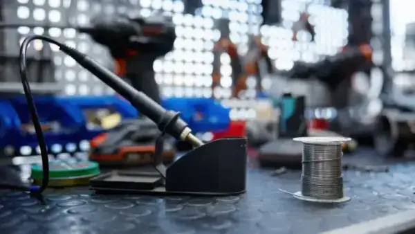 Close-up of a soldering iron on a stand with a spool of solder wire in a workshop setting, ready for first-time use.