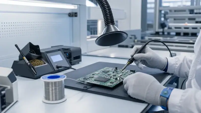 Technician using automatic soldering wire machine for precise electronic circuit assembly in a modern manufacturing facility.