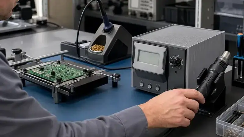 Technician using a rework station with a hot air tool to repair a PCB, showcasing advanced electronics repair equipment.