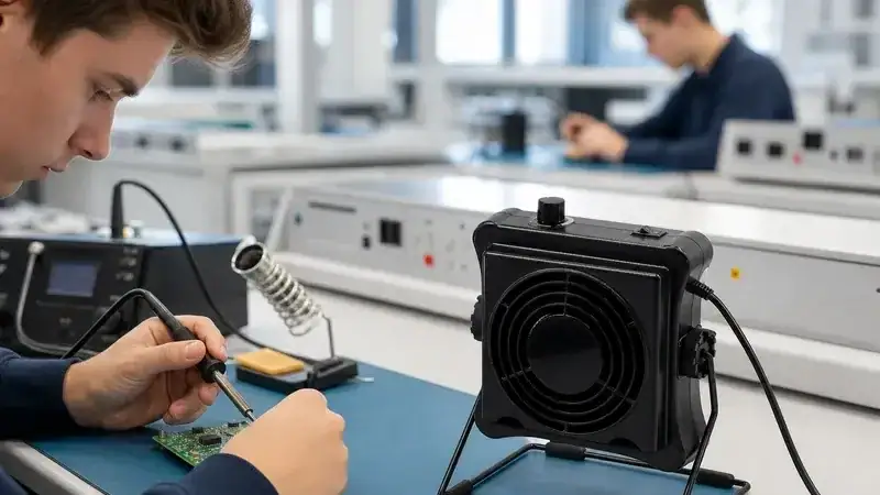 Technicians working in a soldering workshop using a fume extractor for safety and air quality control.