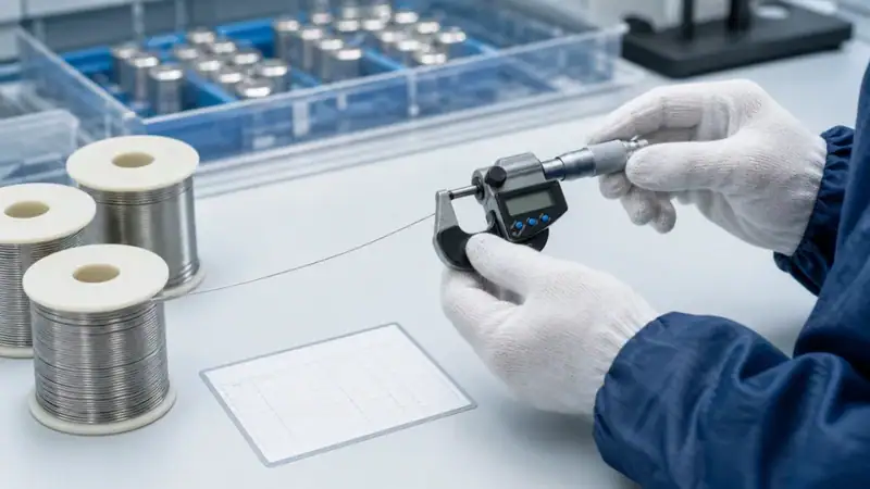 Technician testing automatic soldering wire with precision instrument in electronics manufacturing lab.