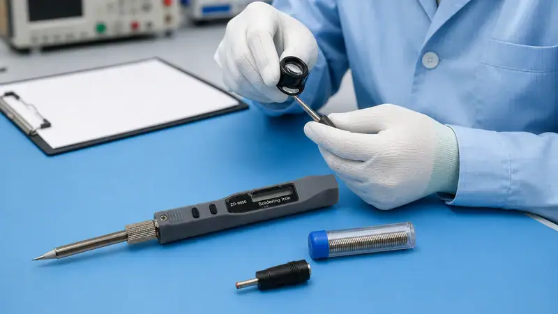 Technician in blue lab coat inspecting a soldering iron with precision tools on a blue work surface.