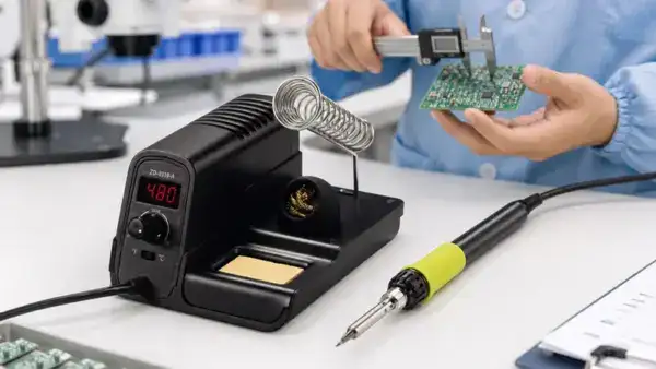 Technician using soldering iron and hot air rework station for electronic circuit assembly and repair.