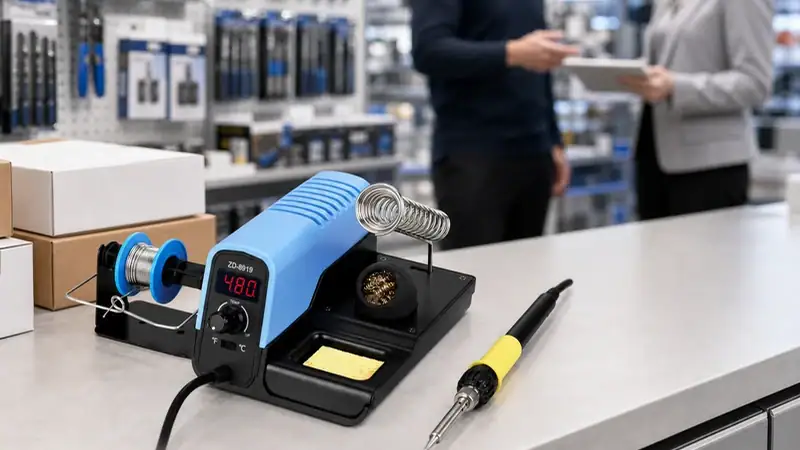 Close-up of a soldering iron with digital temperature display on a workbench in a manufacturing environment.