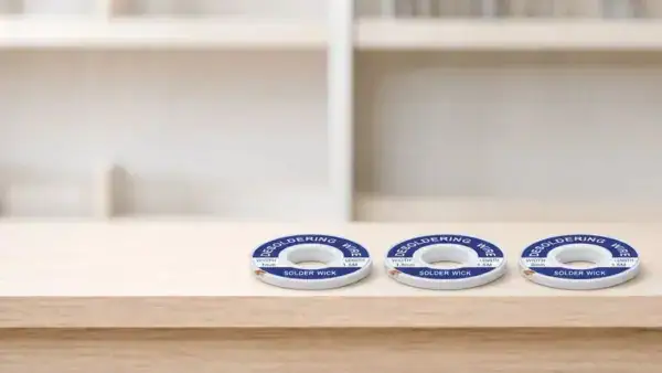 Three solder wick rolls placed on a wooden surface, used for desoldering electronic components, highlighting tools for electronics repair.