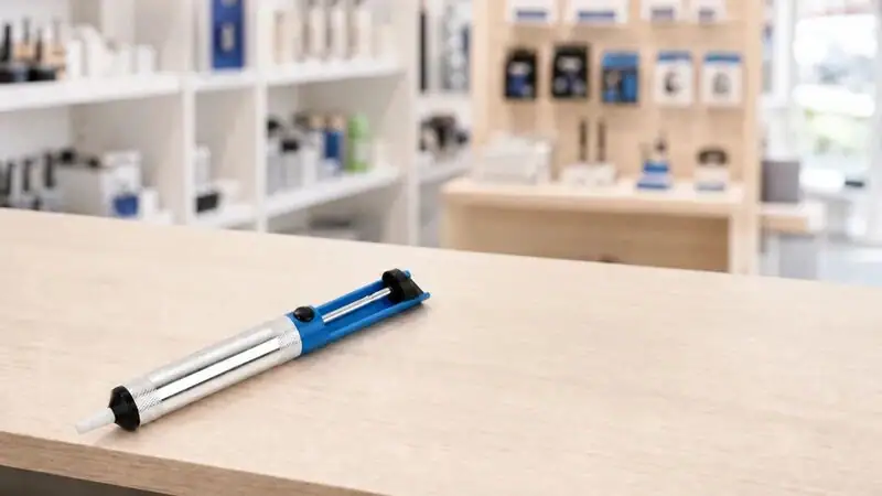 A soldering pump and desoldering wick placed on a light wooden table in a tech store with shelves of electronic components in the background.