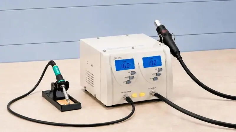 High-precision professional soldering station with digital temperature controls and adjustable settings for electronic repairs.
