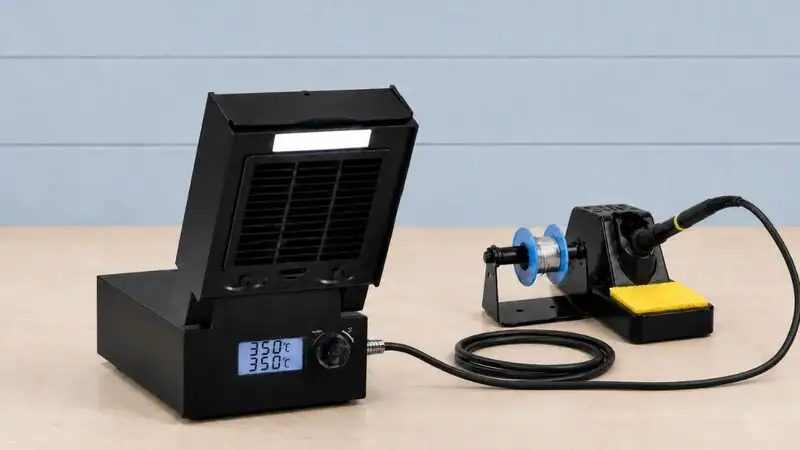 Compact portable soldering station with digital temperature control and adjustable stand, ideal for professional repair work.
