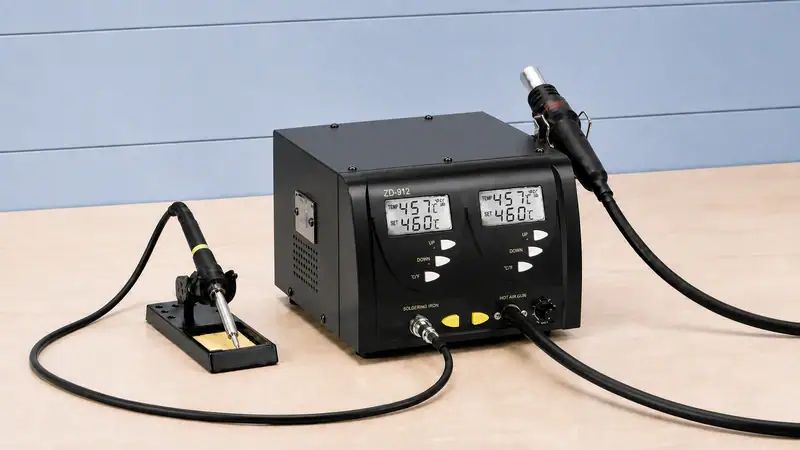 High-precision soldering station with digital temperature control and adjustable settings for electronic repair and rework.