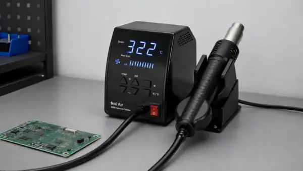 Close-up of a hot air rework station with digital display showing 322°C, used for soldering and desoldering electronic components.