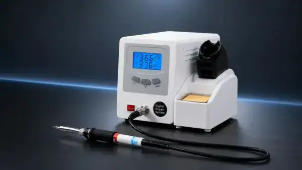 Close-up of a digital soldering station with temperature display and soldering iron on a dark background.